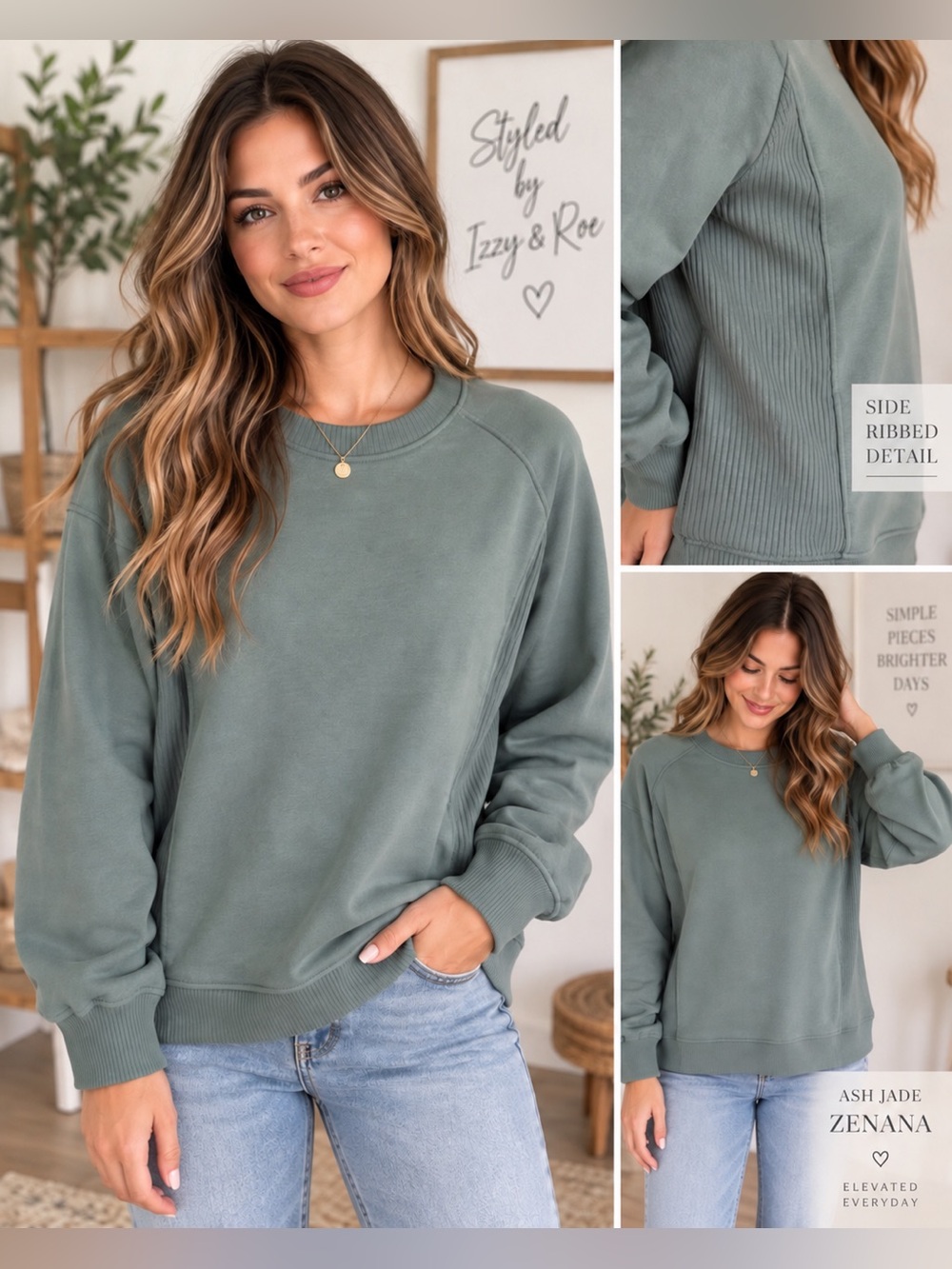 Zenana Fleece-Lined Crewneck Sweatshirt - Ash Jade 🌿
